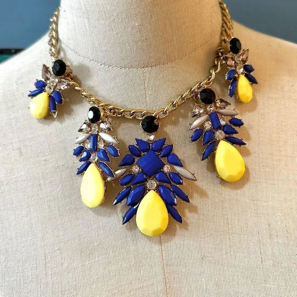 Blue black  and yellow rhinestone statement necklace